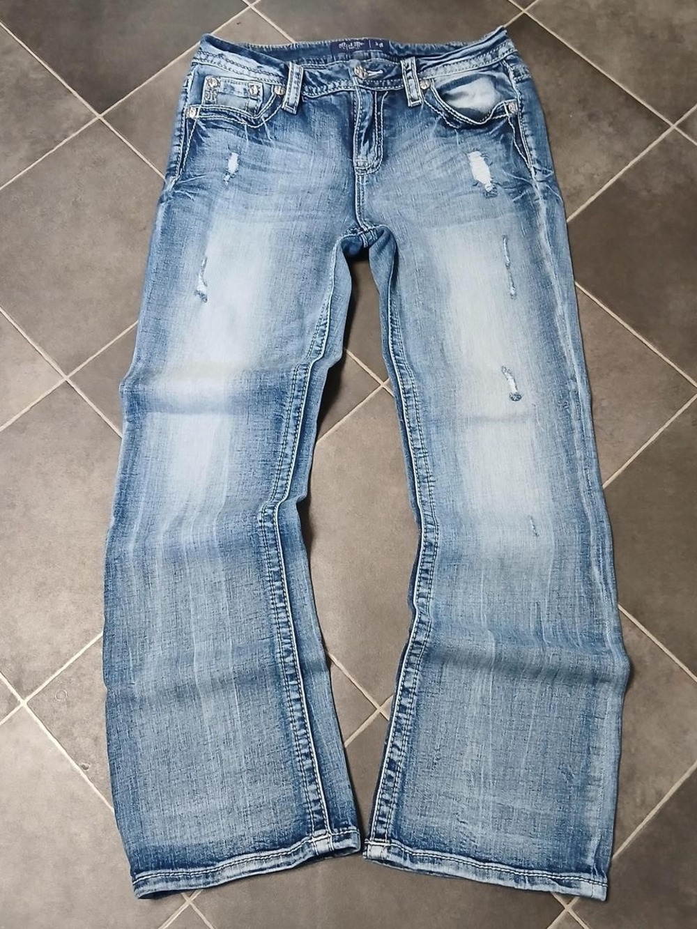 Miss Me Size 28 Light Blue Boot Cut Jeans with Faded & Distressed Detail